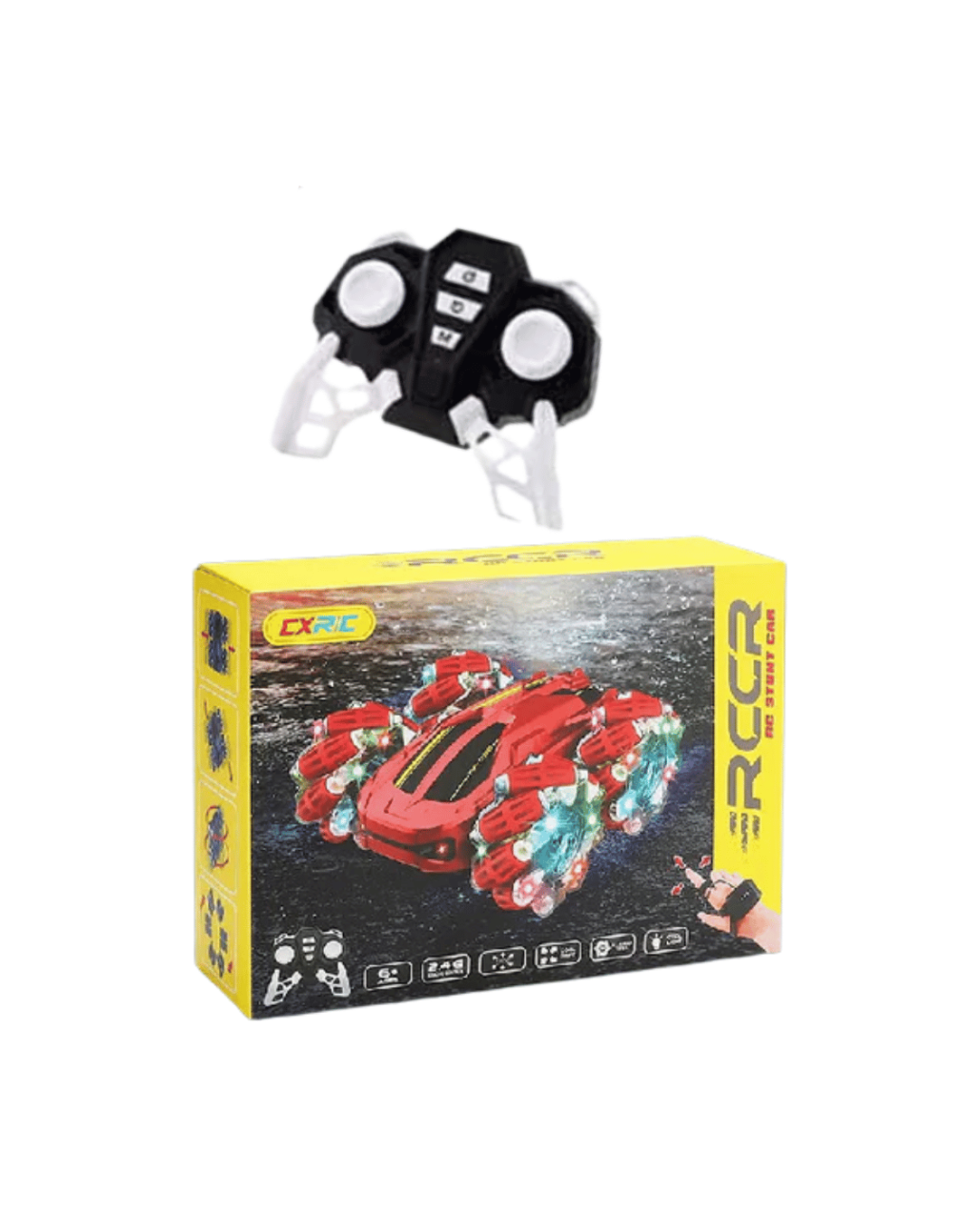 AUTO DE ACROBACIA A CONTROL REMOTO CON ROTACION 360° RECARGABLE CON LUCES RGB COLORES SURTIDOS 16X15X7.5CM 