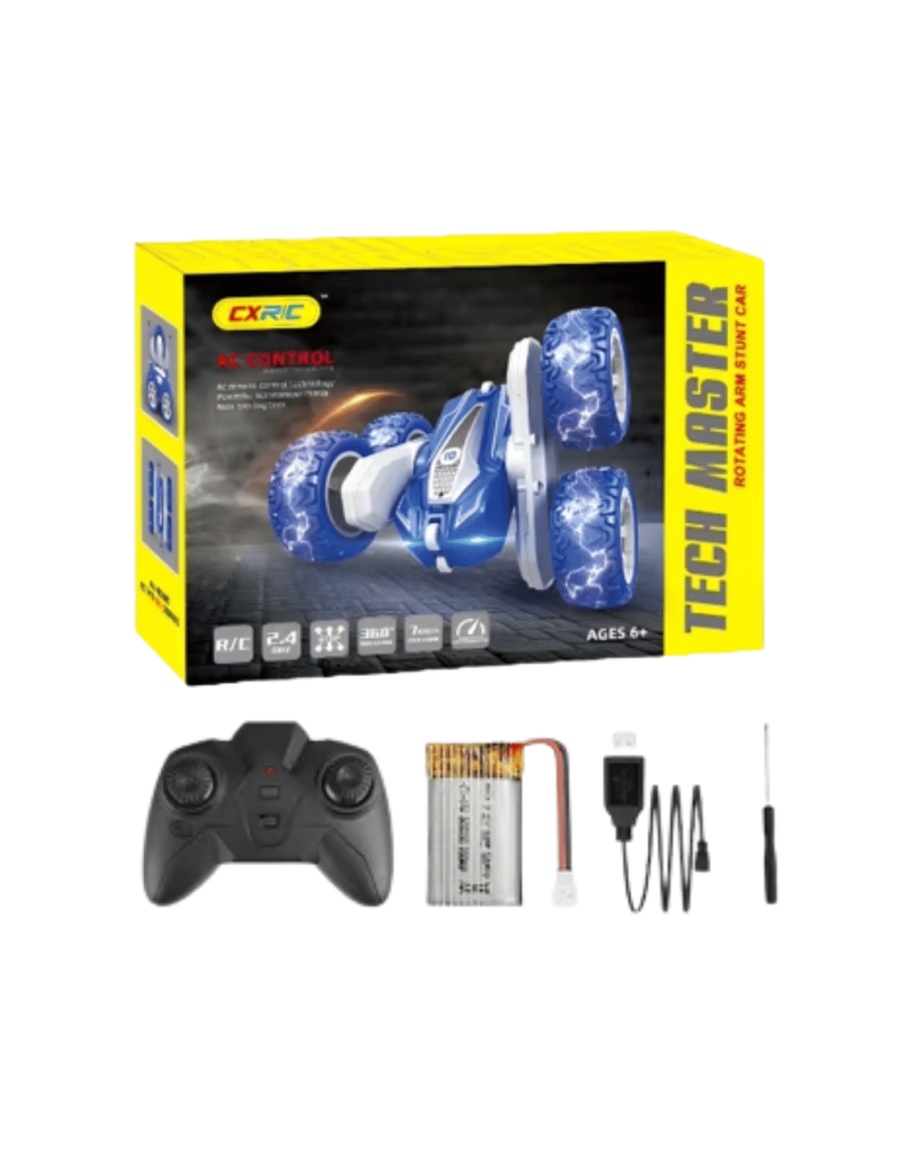 AUTO DE ACROBACIA A CONTROL REMOTO CON ROTACION 360° RECARGABLE CON LUCES RGB COLORES SURTIDOS 14X13X6CM