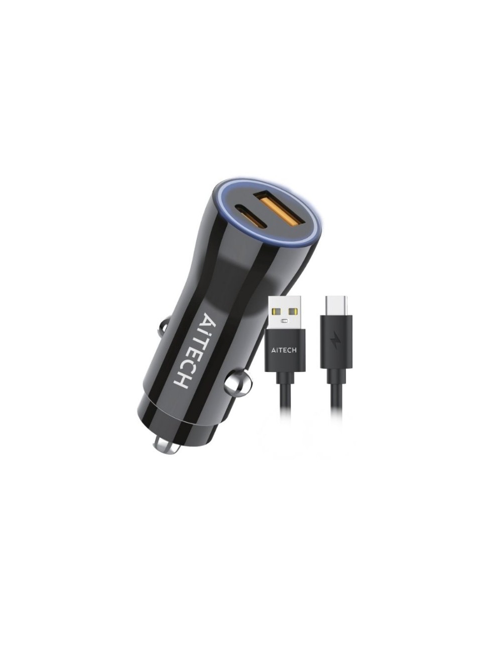 Cargador De Auto Aitech Carga Rápida 48W 2 Puertos USB + USB-C con CABLE USB a USB-C Negro