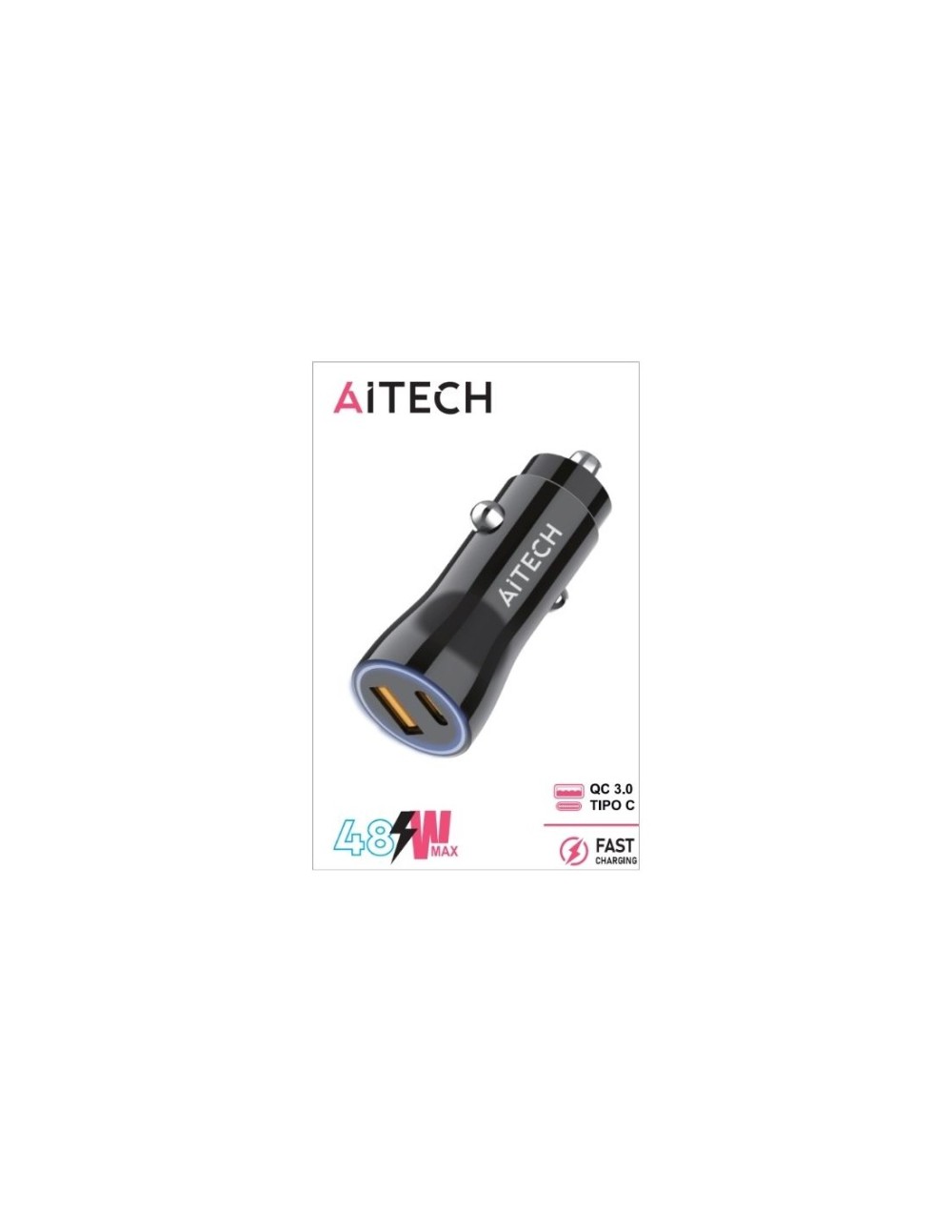 Cargador De Auto Aitech Carga Rápida 48W Usb + Usb-C Negro
