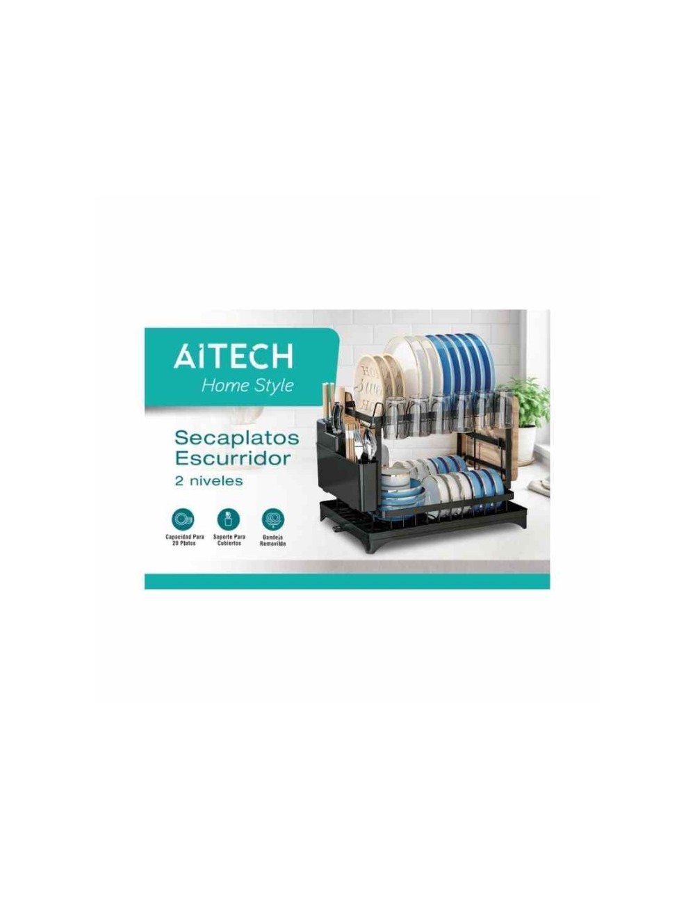 ESCURRIDOR DE PLATOS Y CUBIERTOS AITECH DE ACERO 2 NIVELES INCLUYE BANDEJA DE DRENAJE NEGRO