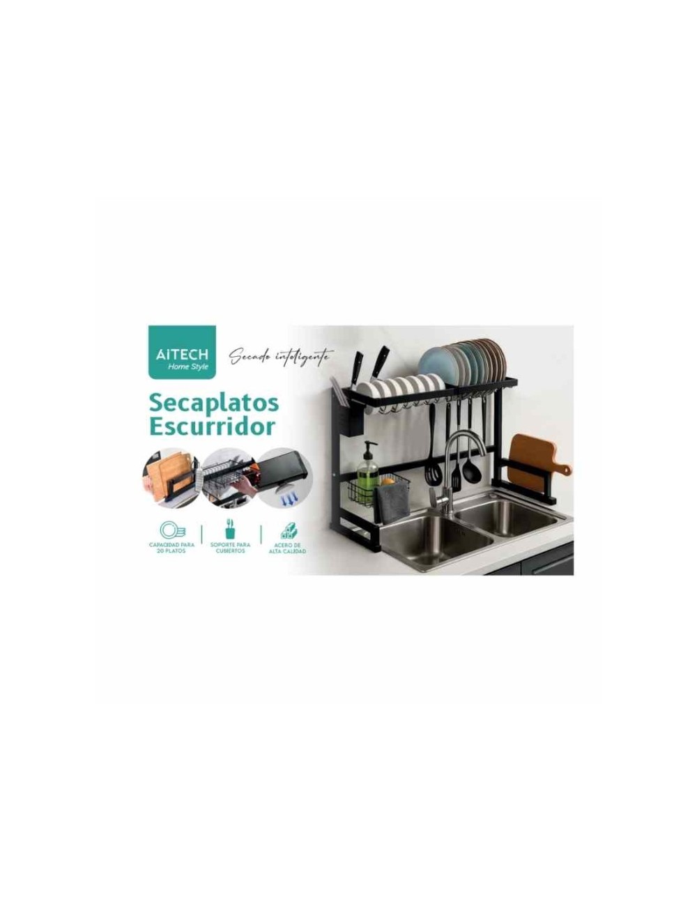 ESCURRIDOR DE PLATOS Y CUBIERTOS AITECH DE ACERO 2 NIVELES RACK ORGANIZADOR DE COCINA NEGRO 65CM
