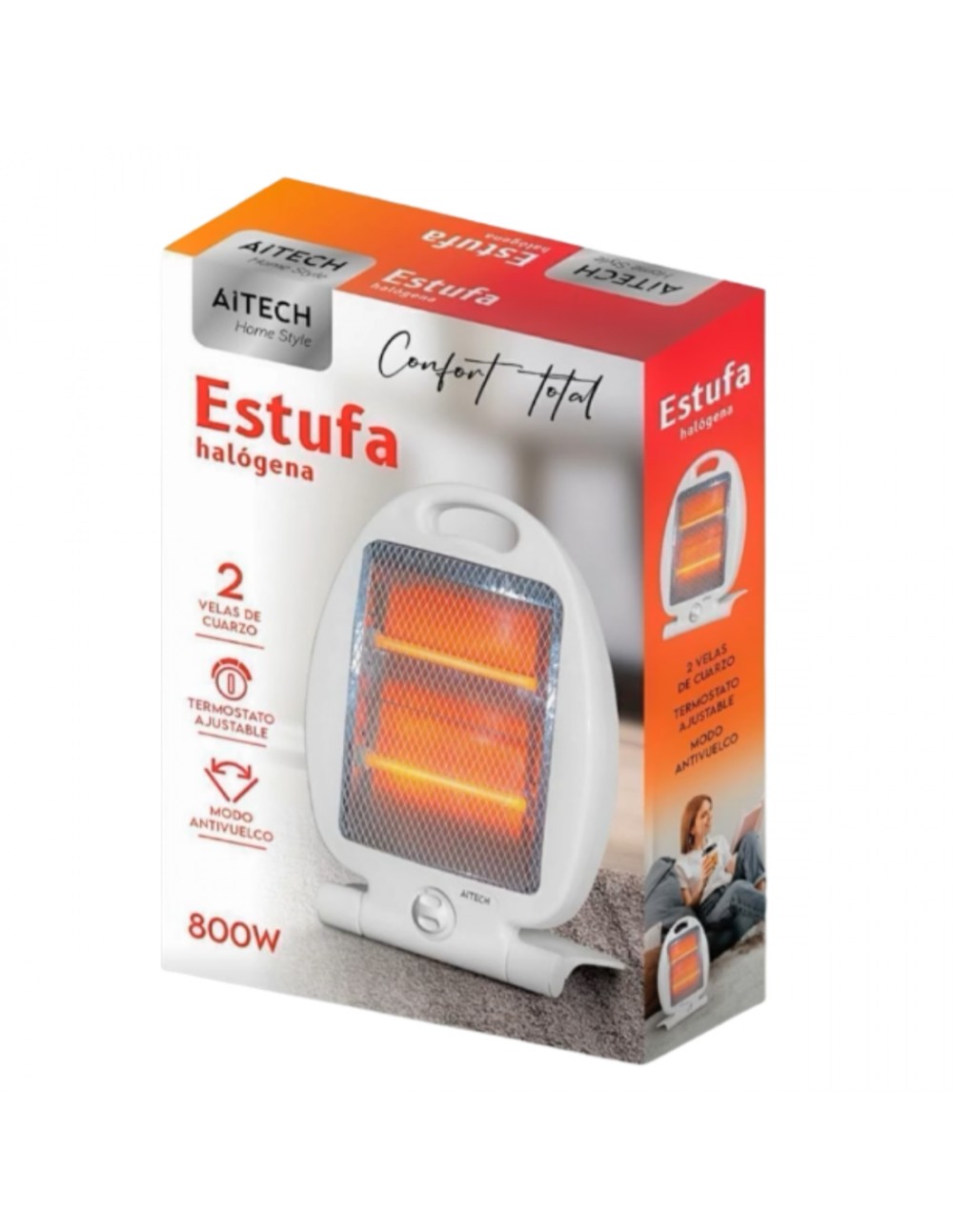 Estufa Halógena Aitech PE-908 2 Velas De Cuarzo 800W Blanco Con Sistema Antivuelco Y Termostato Ajustable