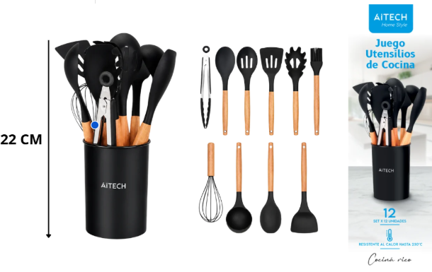MINI SET X12 UTENSILIOS DE COCINA MANGO MADERA PUNTA DE SILICONA  DE 22CM NEGRO