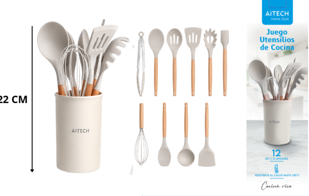 MINI SET X12 UTENSILIOS DE COCINA MANGO MADERA PUNTA DE SILICONA DE 22CM BLANCO
