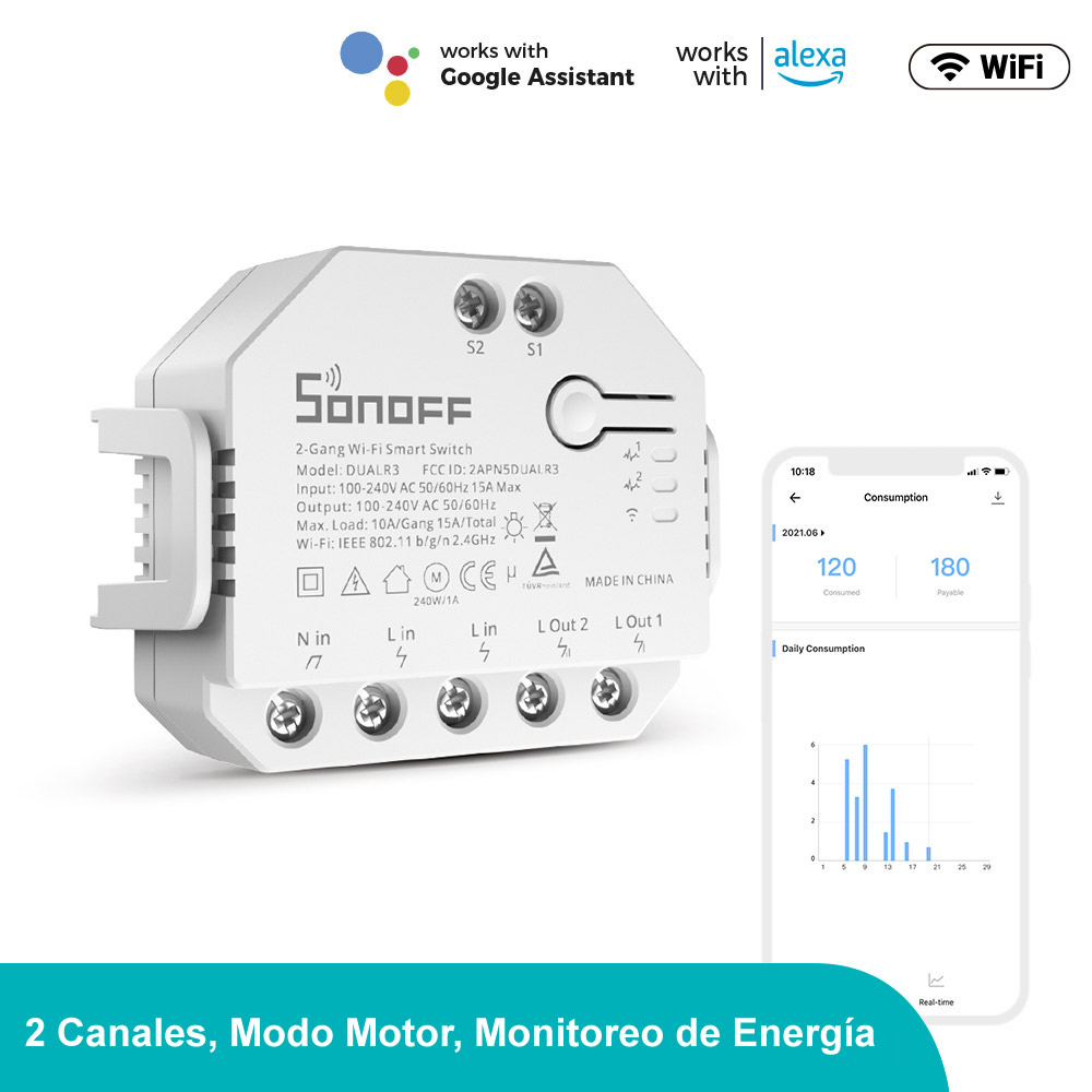 Interruptor inalámbrico WiFi Dual R3 dos canales, con opción de conexión de llaves externas y medición de energía