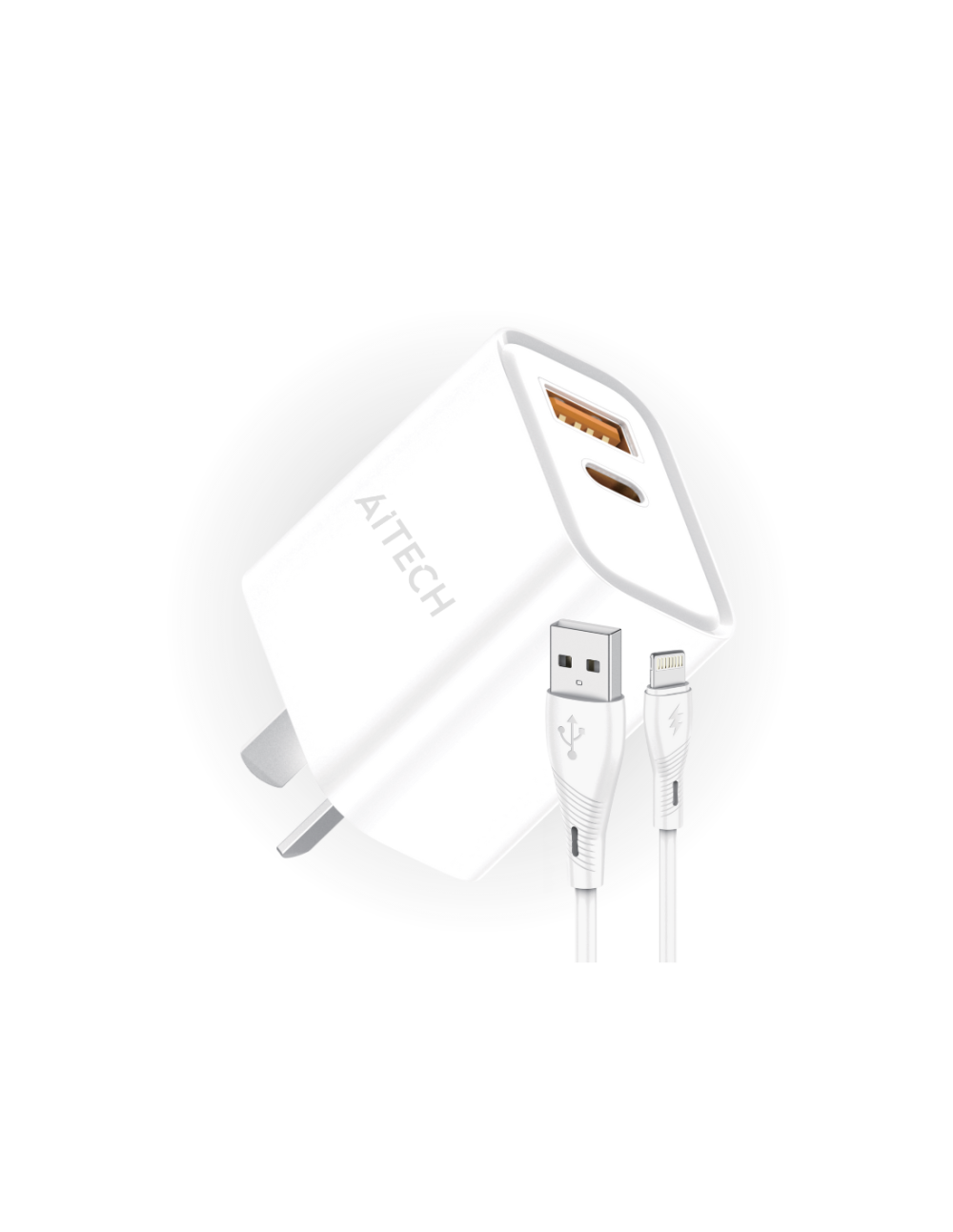 Cargador De Pared Aitech Carga Super Rápida 45W Usb+Usb-C Cable Iphone Blanco